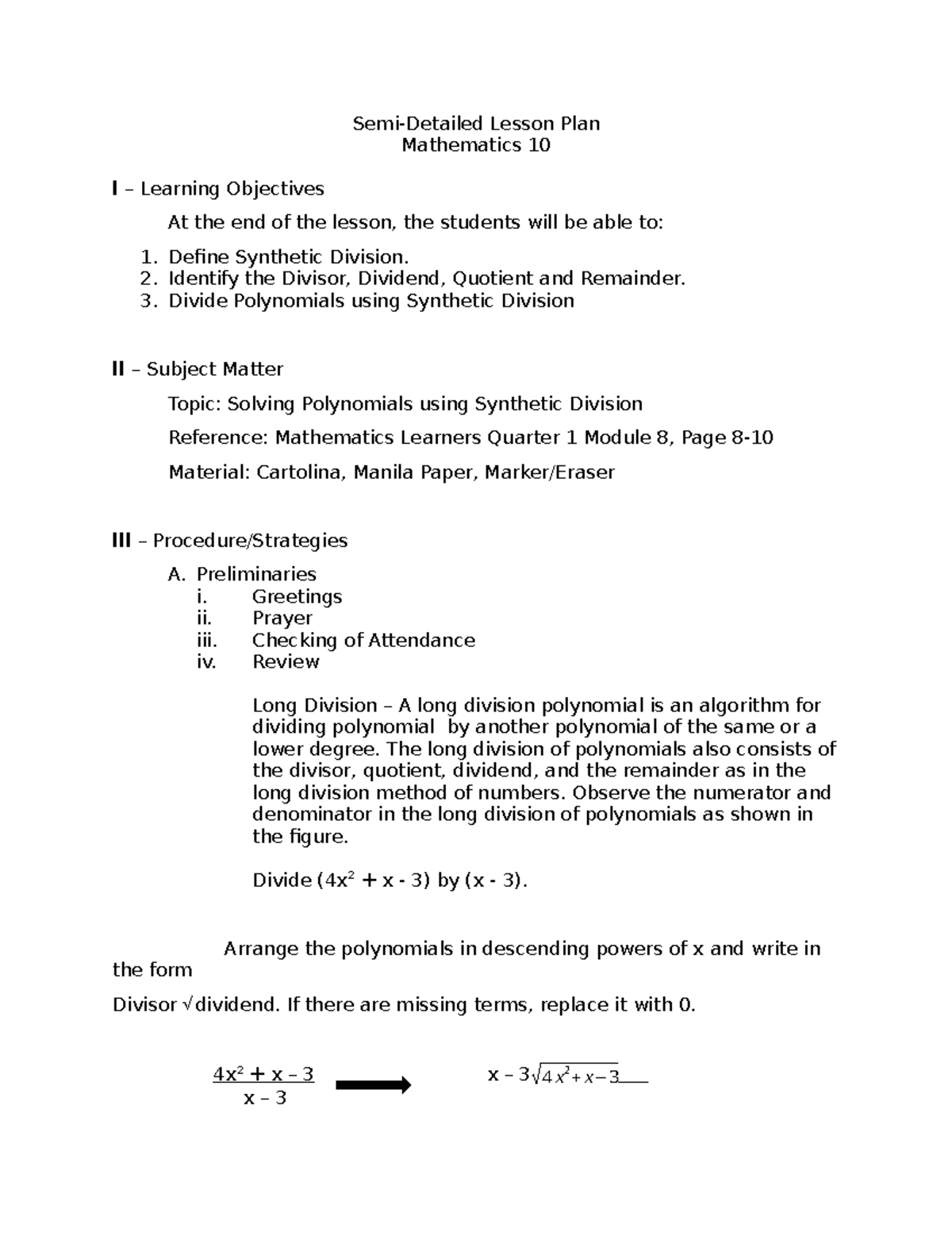 Mathematics 10: Semi-Detailed Lesson Plan on Synthetic Division - Studocu
