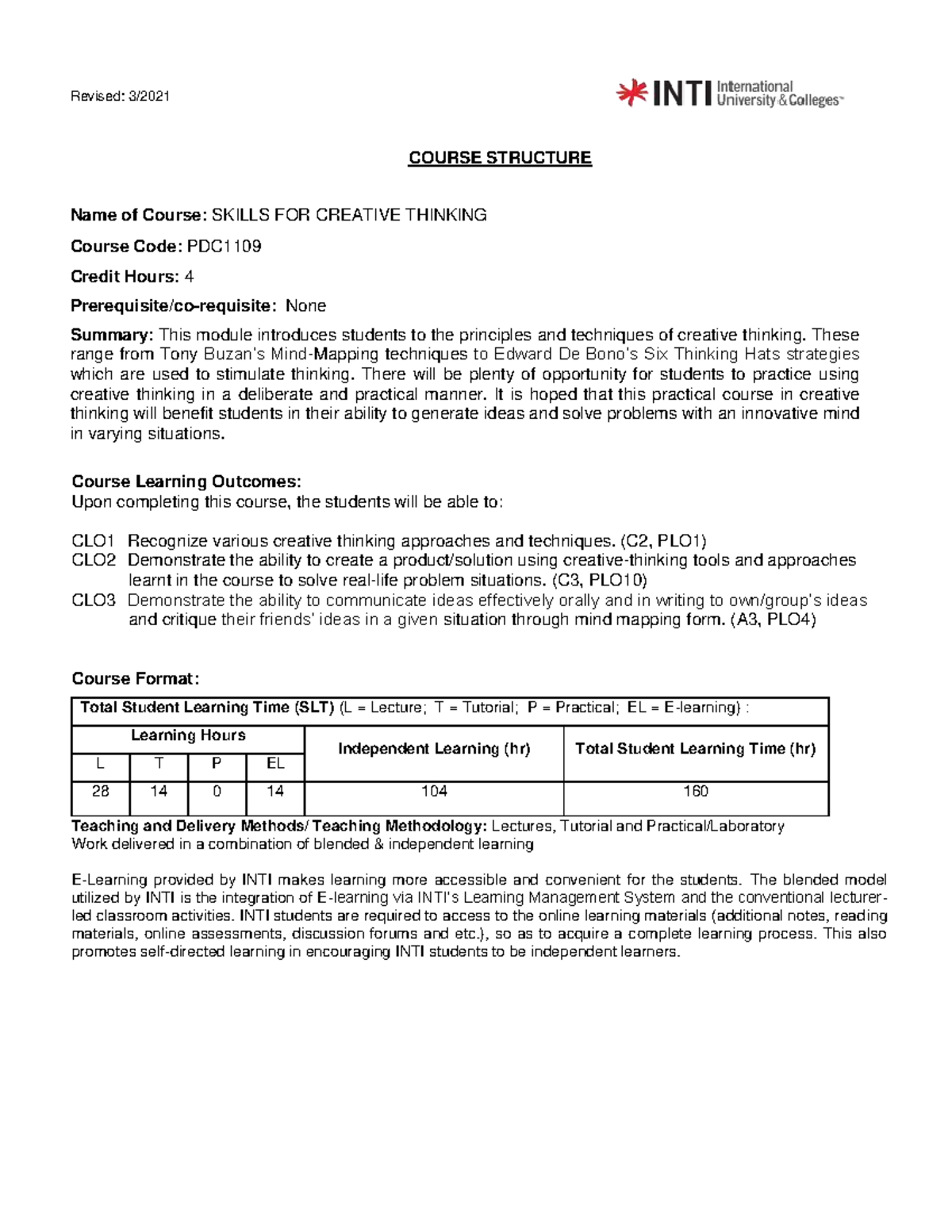 PDC1109 Course Structure: Skills for Creative Thinking Overview - Studocu