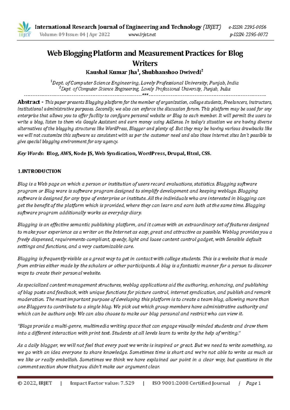Web Blogging Platform for Educational Purposes: A Research Paper - Studocu
