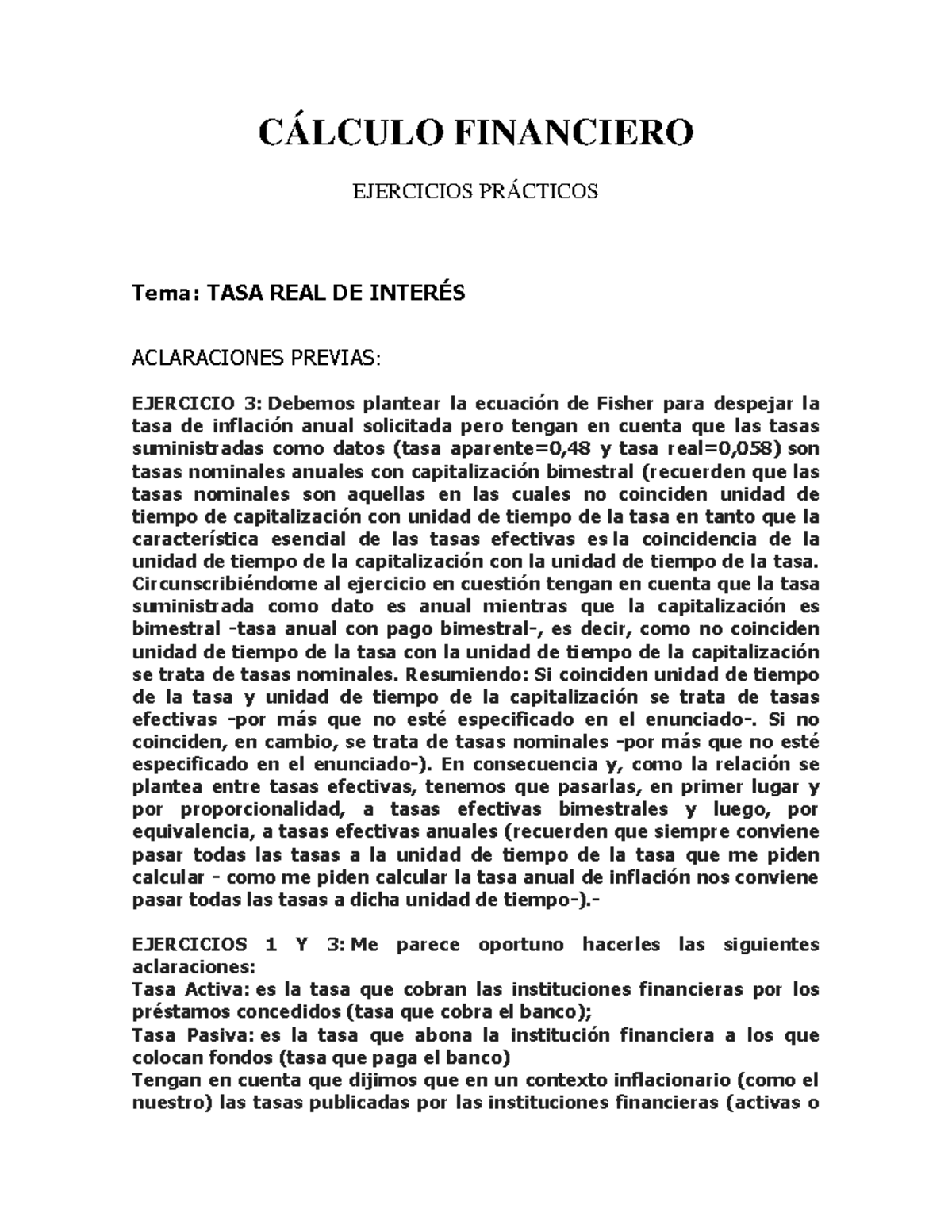 CÁLCULO FINANCIERO: EJERCICIOS PRÁCTICOS SOBRE TASA REAL DE INTERÉS ...