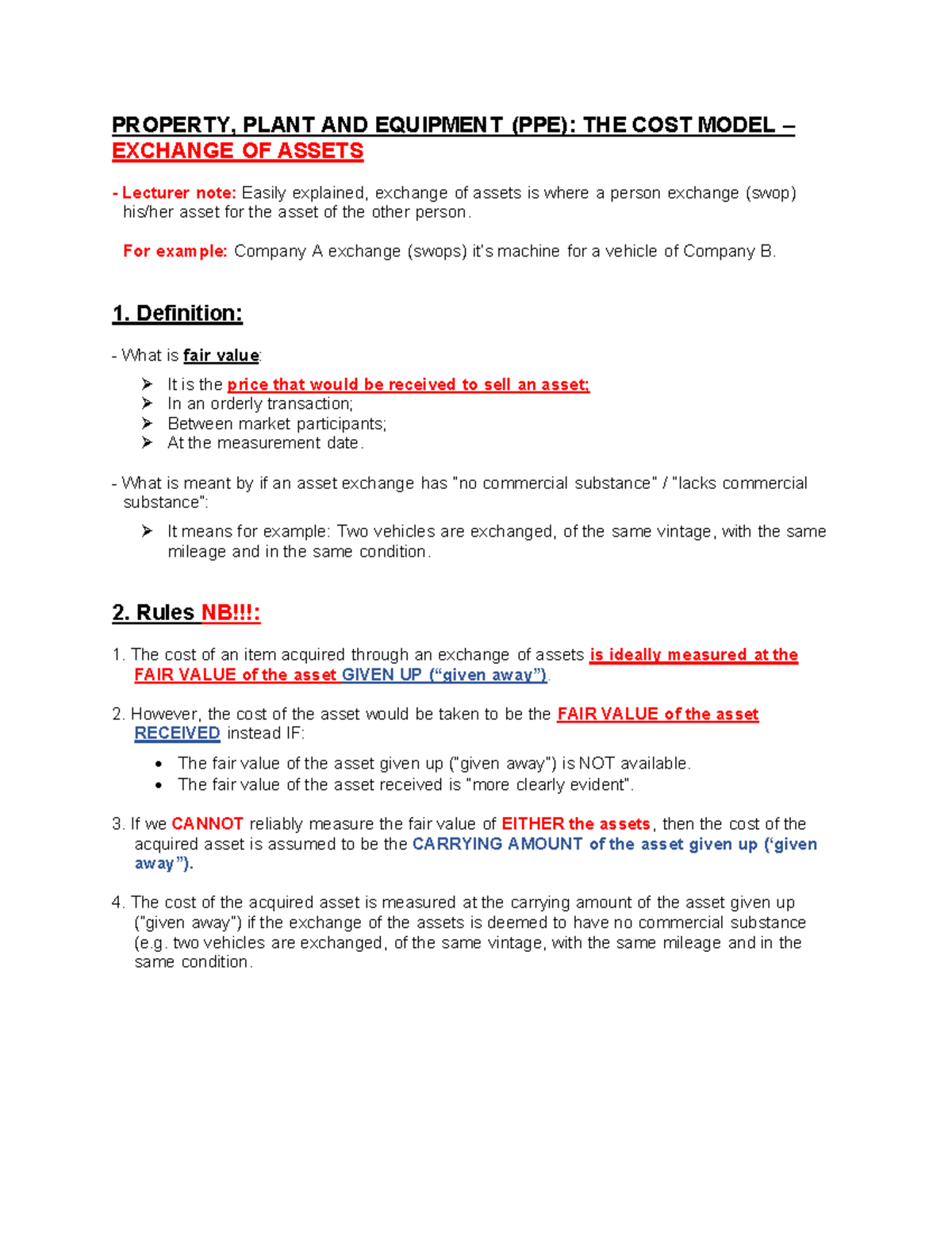 PROPERTY, PLANT AND EQUIPMENT (PPE) - IAS 16 Exchange of Assets Notes ...