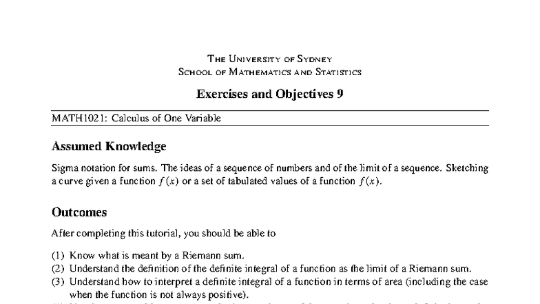MATH1021: Exercises & Objectives 9 - Calculus of One Variable - Studocu