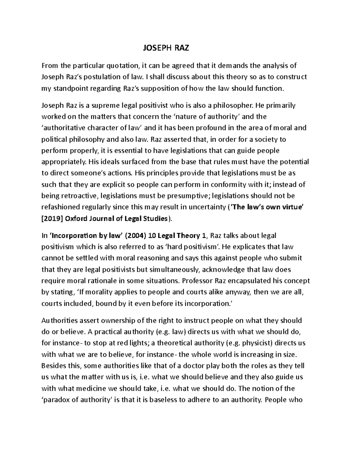 Joseph Raz's Legal Positivism: An Analytical Essay - Studocu