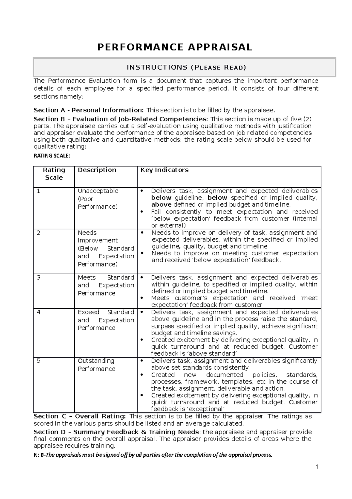 Performance Appraisal FORM - PERFORMANCE APPRAISAL INSTRUCTIONS (P L E ...
