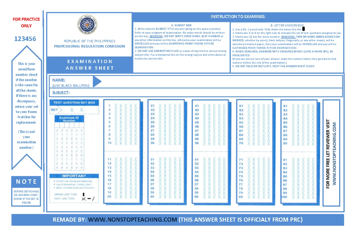 Exam Instructions & Answer Sheet - 250 Items - Studocu