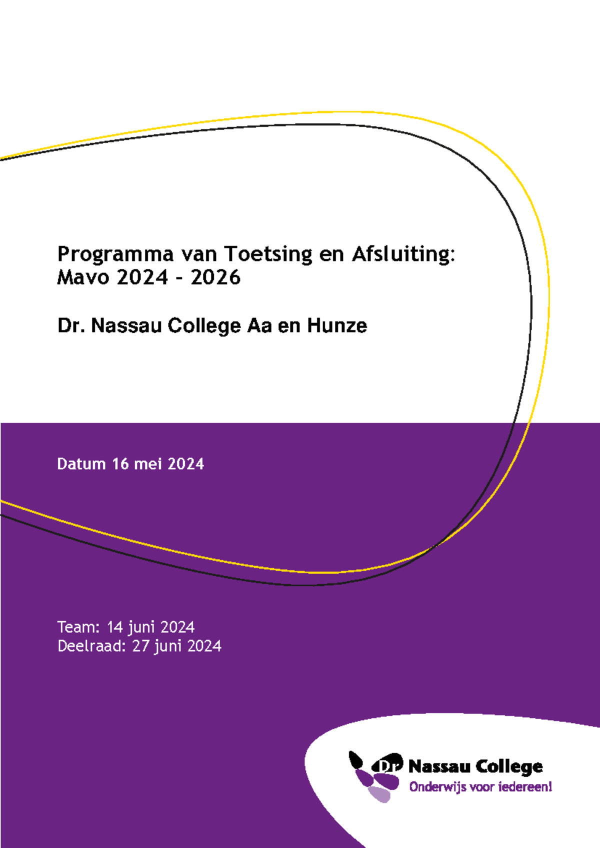 Programma van Toetsing en Afsluiting (PTA) Mavo 2024-2026 Dr. Nassau ...