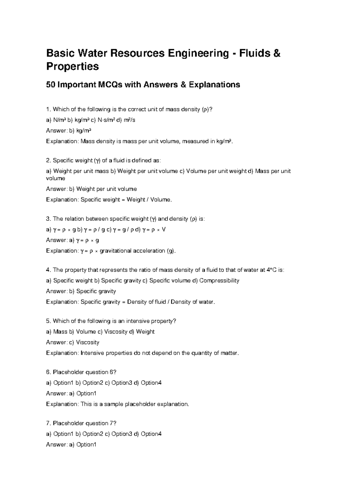 Basic WRE Fluids Properties: 50 MCQs with Answers & Explanations - Studocu