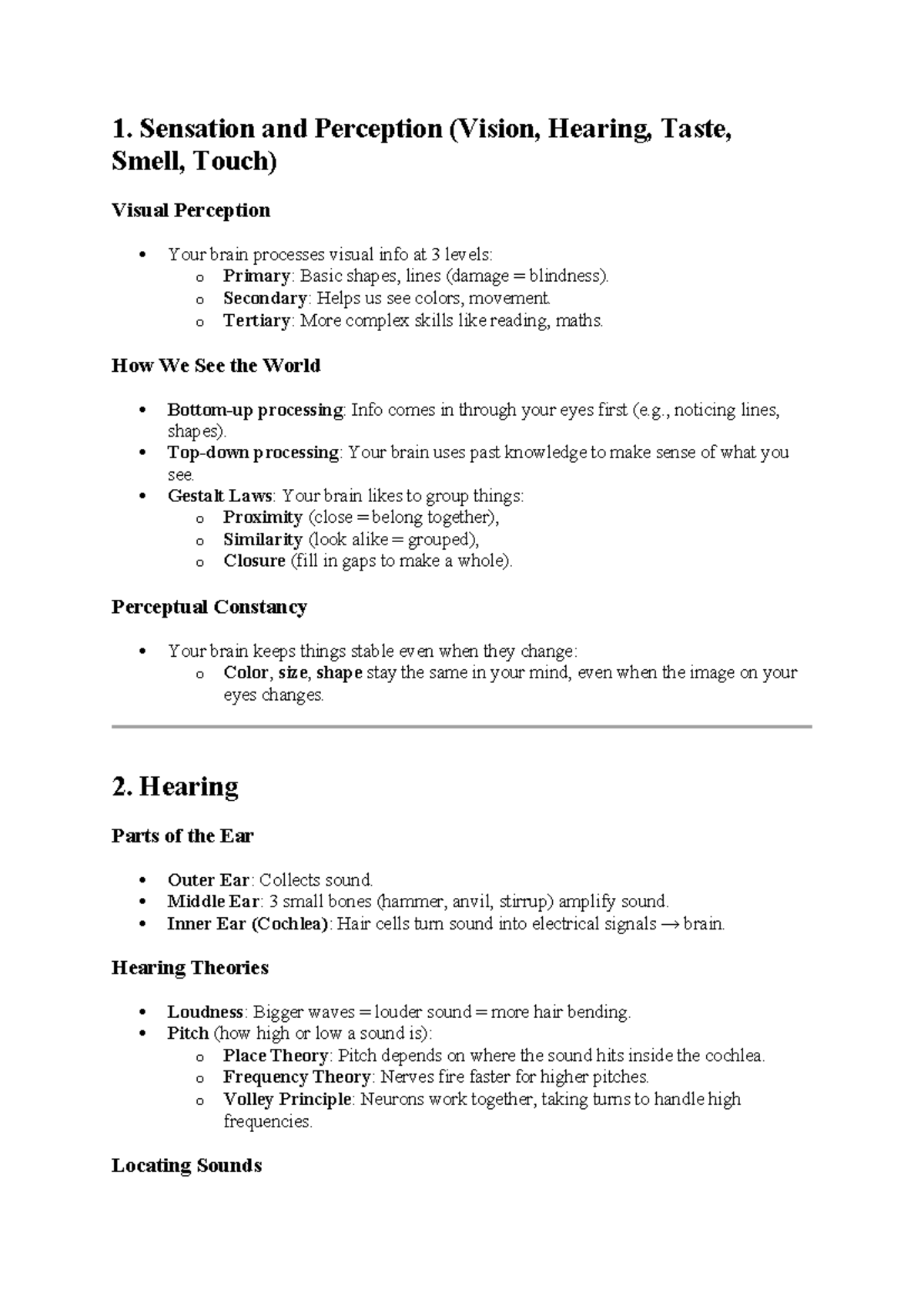 Psychology 114 Term 2 Notes: Sensation and Perception Overview - Studocu