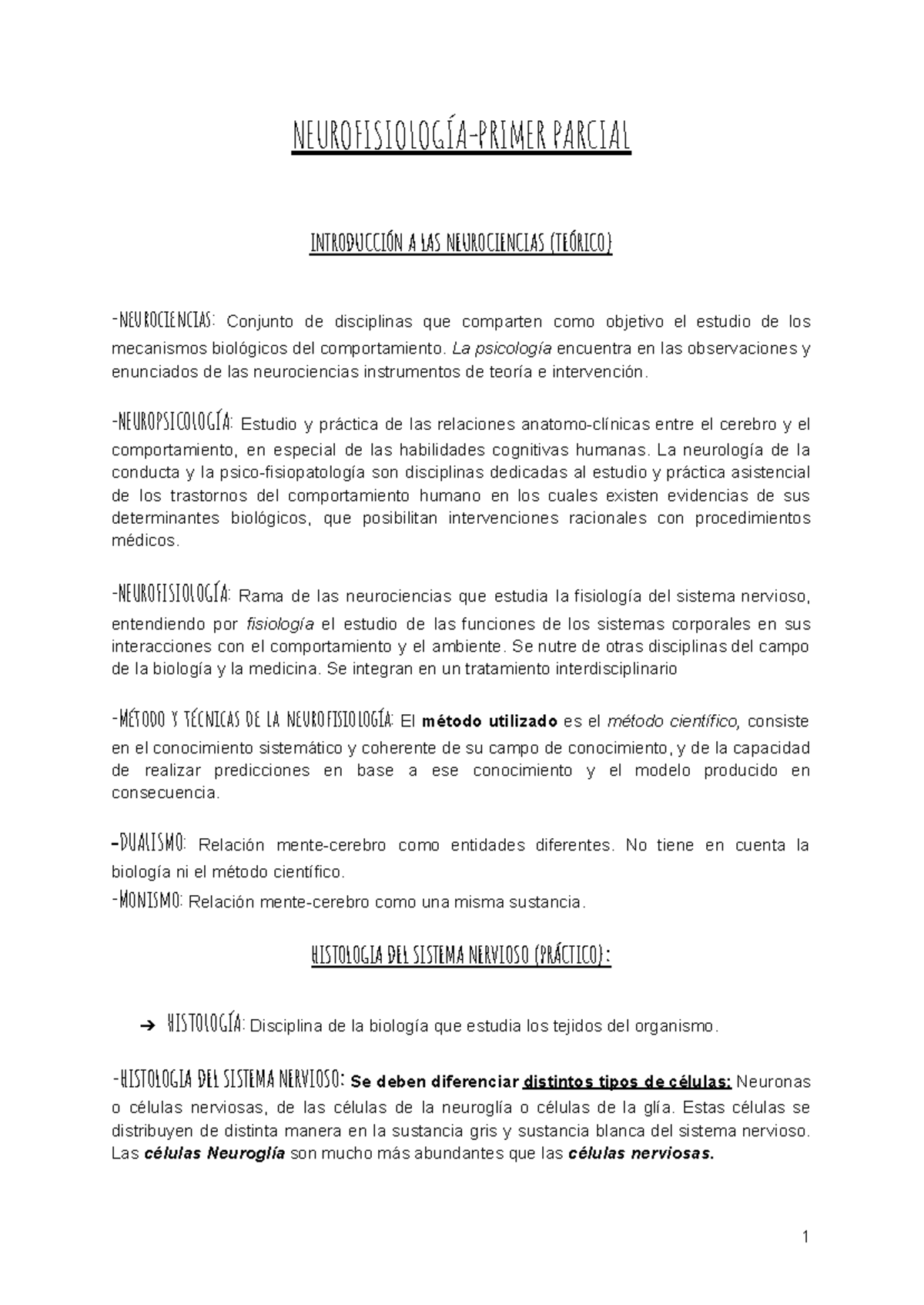 Neurofisiología A - Primer Parcial: Introducción a las Neurociencias ...