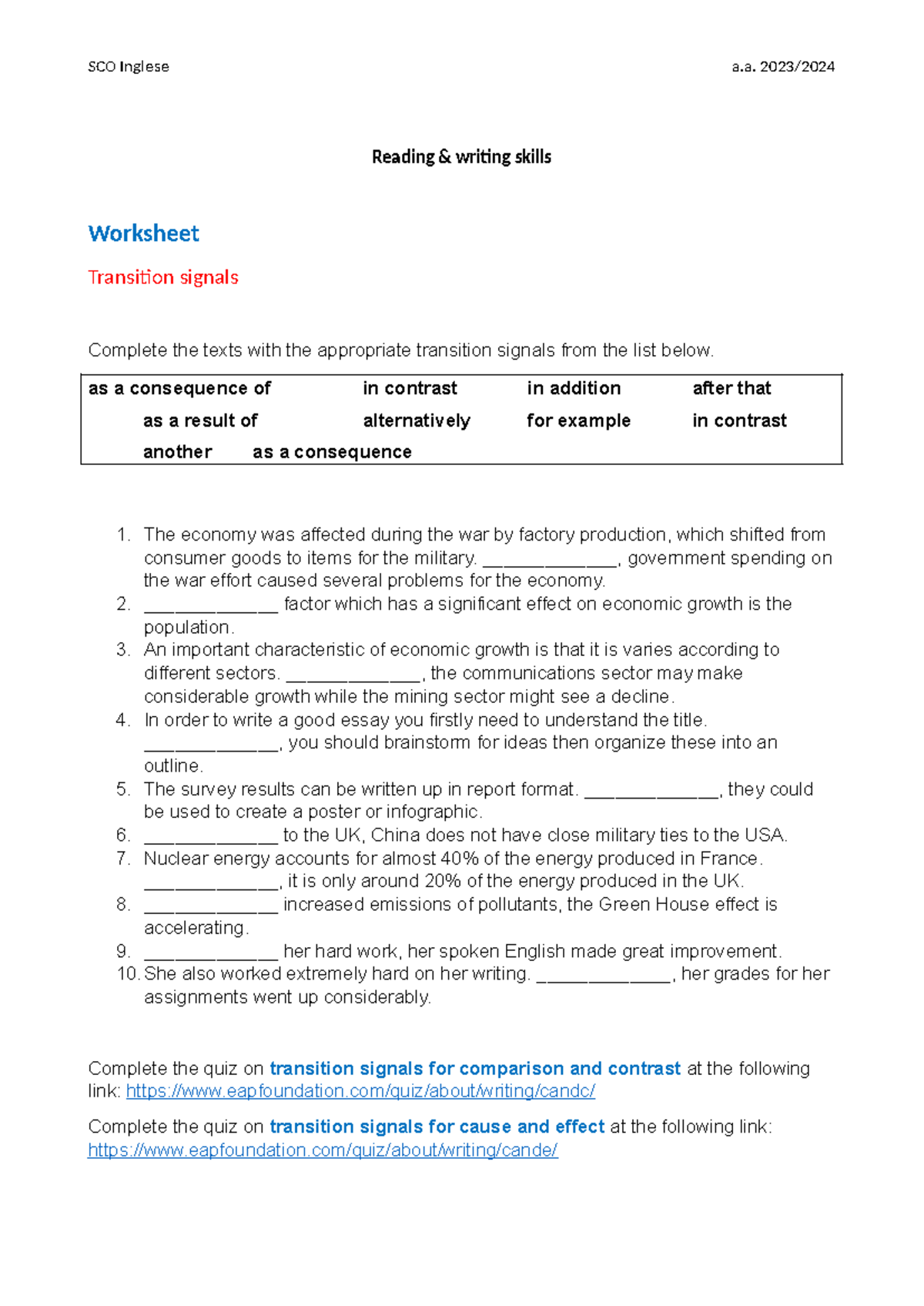 SCO Inglese a.a. Transition Signals Worksheet Exercise - Studocu