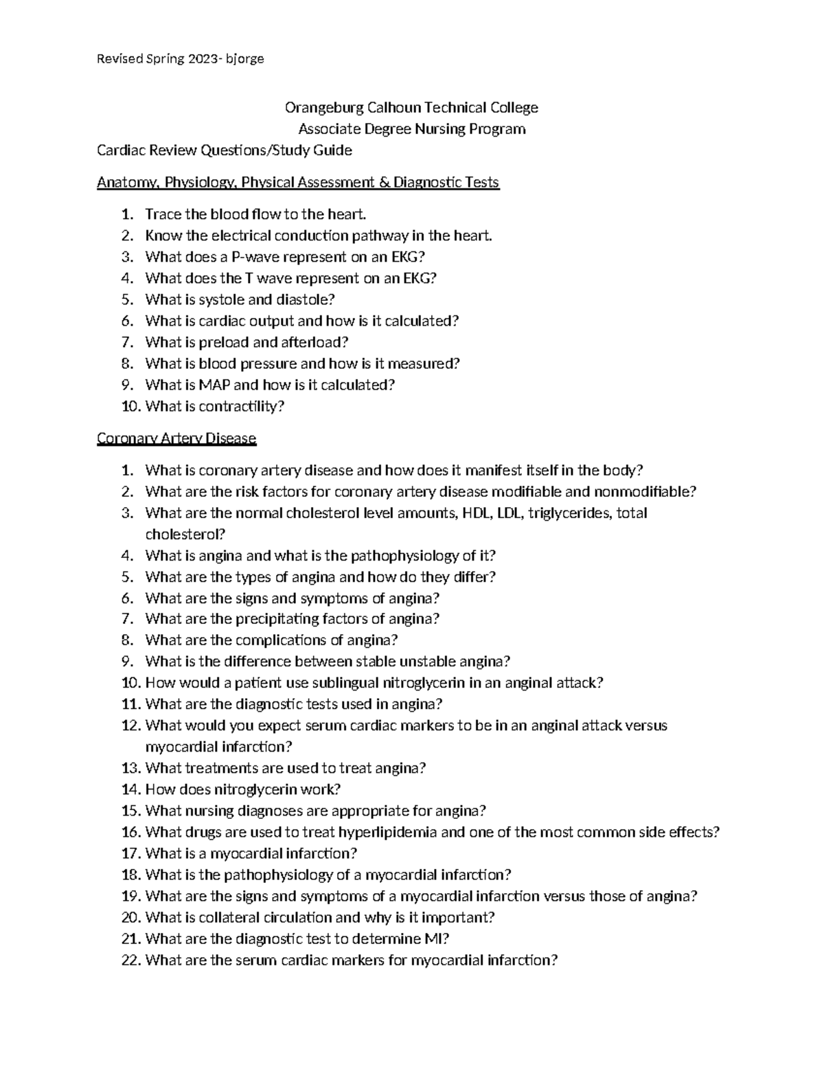Cardiac Review Guide for ADN Program (NUR 101) - Spring 2023 - Studocu