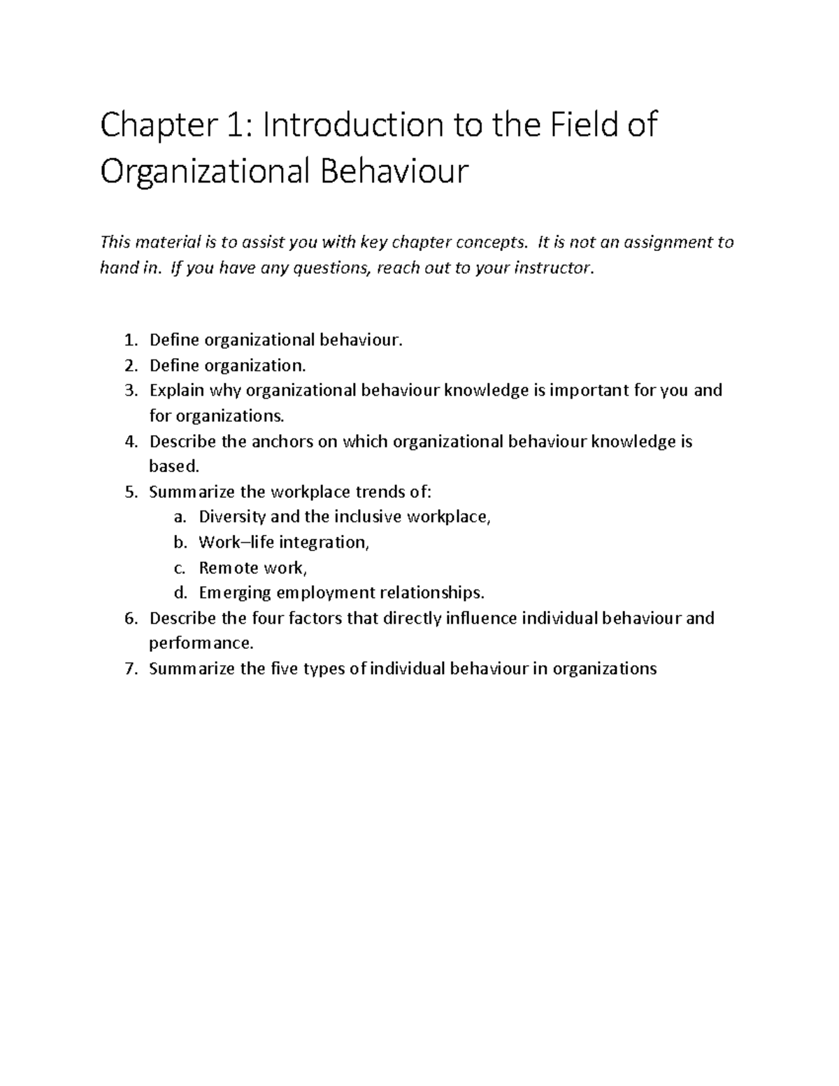 Key Concepts from Chapters 1-7 of Org Behaviour (OB 101) - Studocu