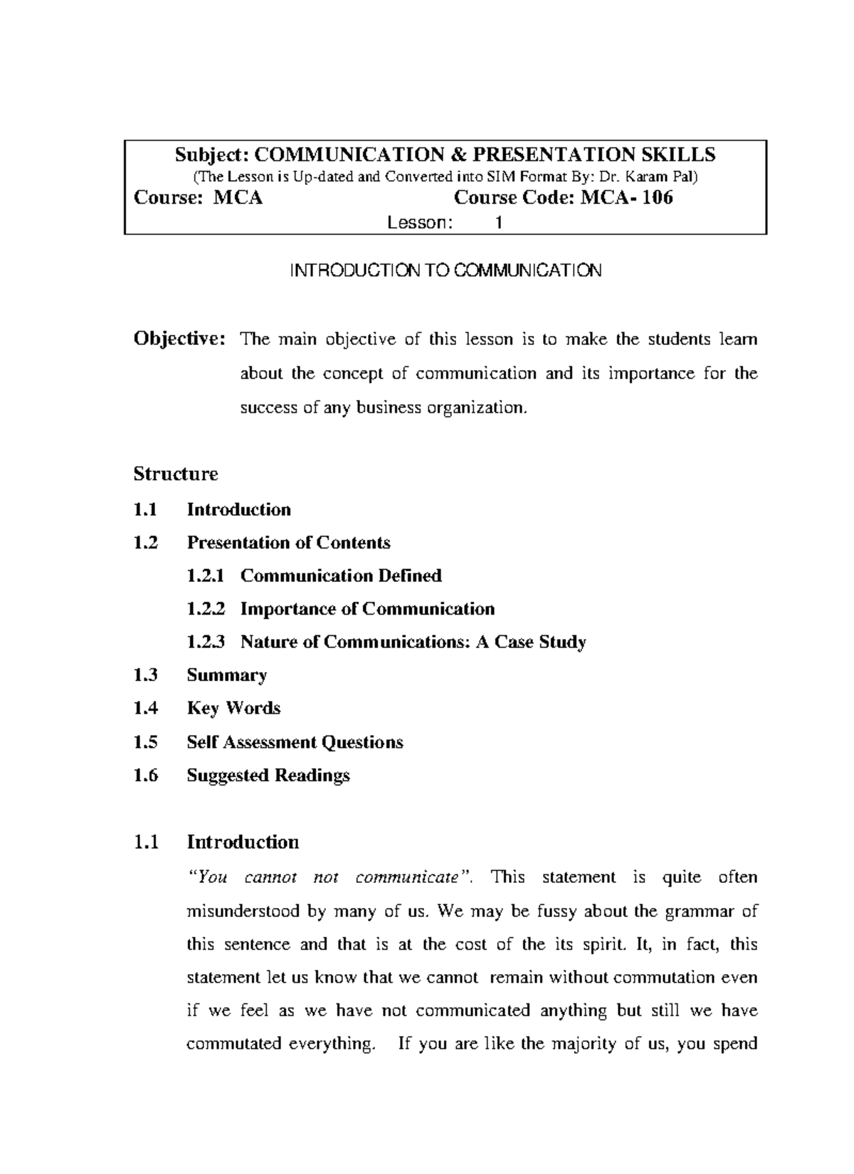 MCA-106 Lesson 1: Introduction to Communication Skills in Business ...