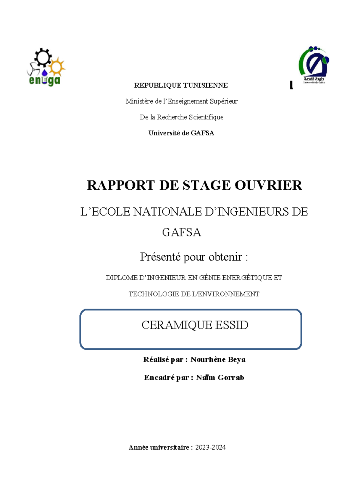 Rapport de Stage Ouvrier en Céramique - Essid (2023) - Studocu
