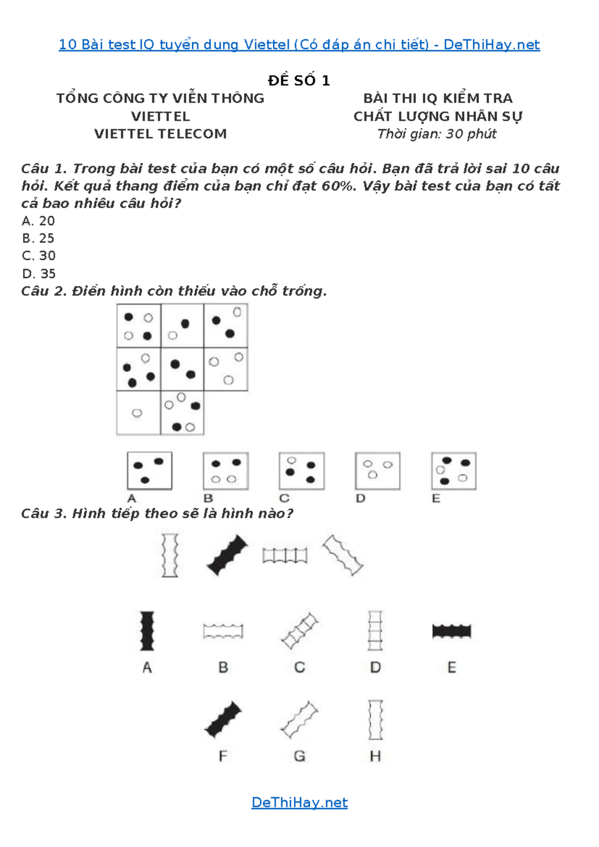 10 Bài Test IQ Tuyển Dụng Viettel (Có Đáp Án Chi Tiết) - Document Preview