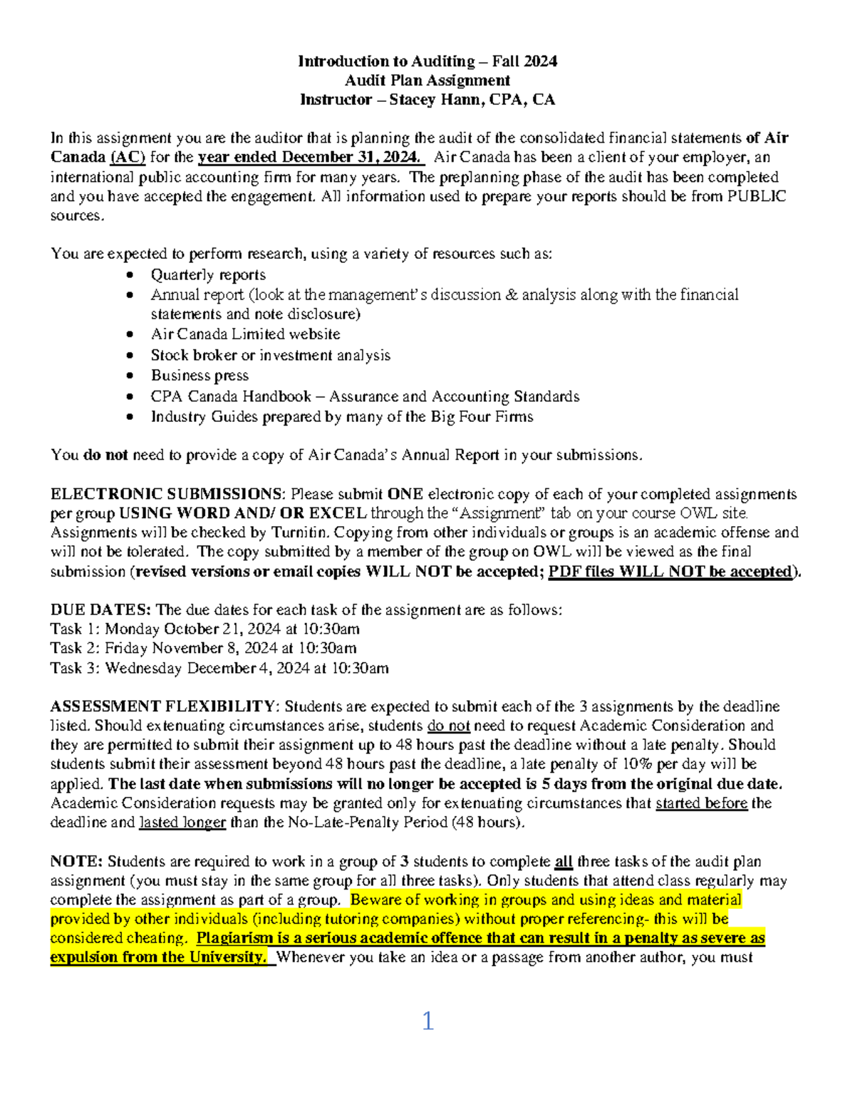 Audit Plan Assignment for AC: Planning & Procedures - Fall 2024 - Studocu
