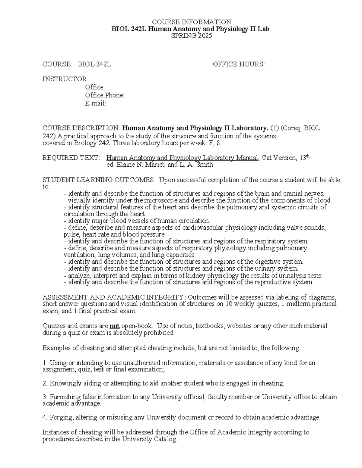 BIOL 242L Spring 2025 Human Anatomy & Physiology II Lab Info - Studocu