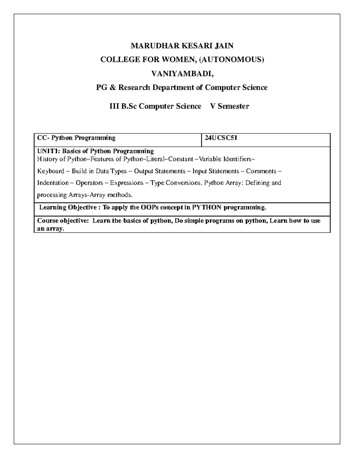 B.Sc Computer Science 24UCSC51: Python Programming Unit 1 Notes - Studocu