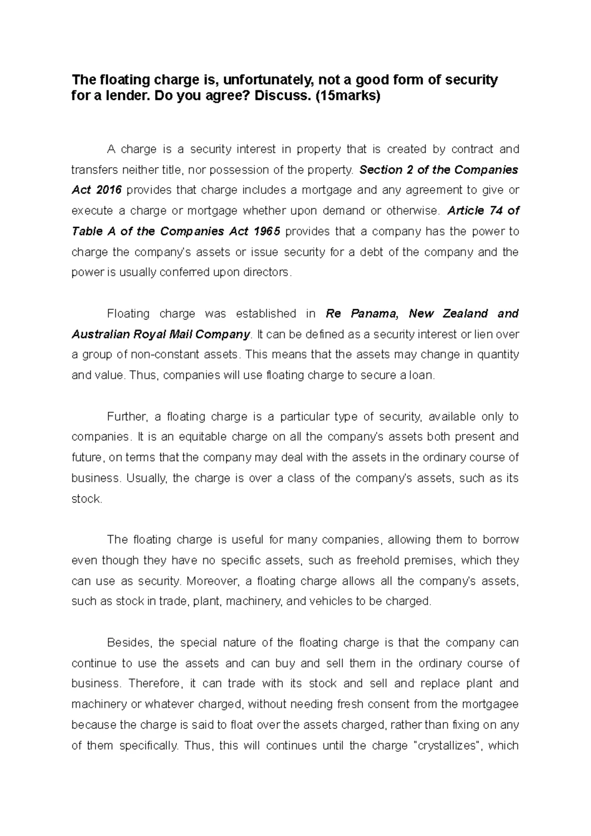 Floating Charge - The floating charge is, unfortunately, not a good ...