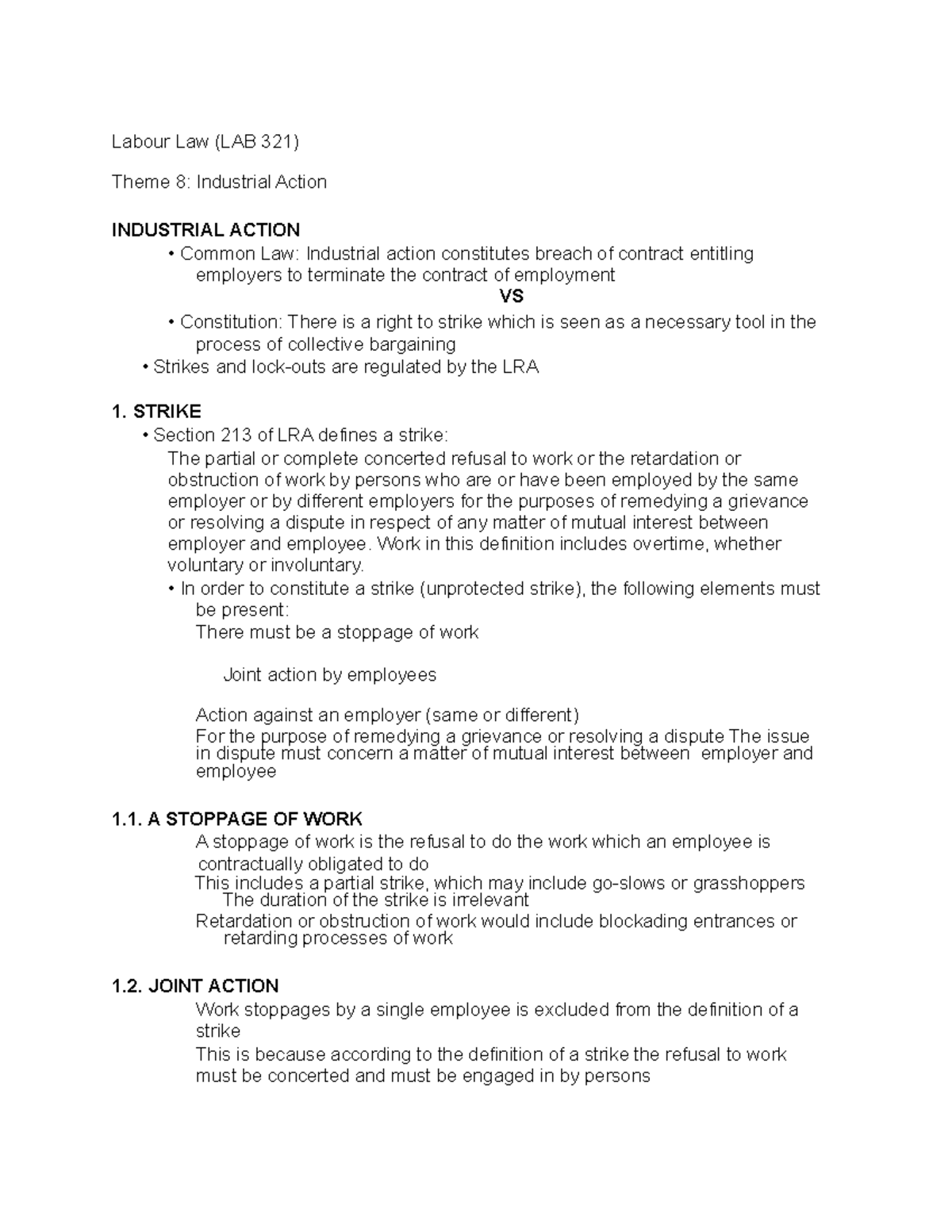 LAB lecture 8 notes - Labour Law (LAB 321) Theme 8: Industrial Action ...