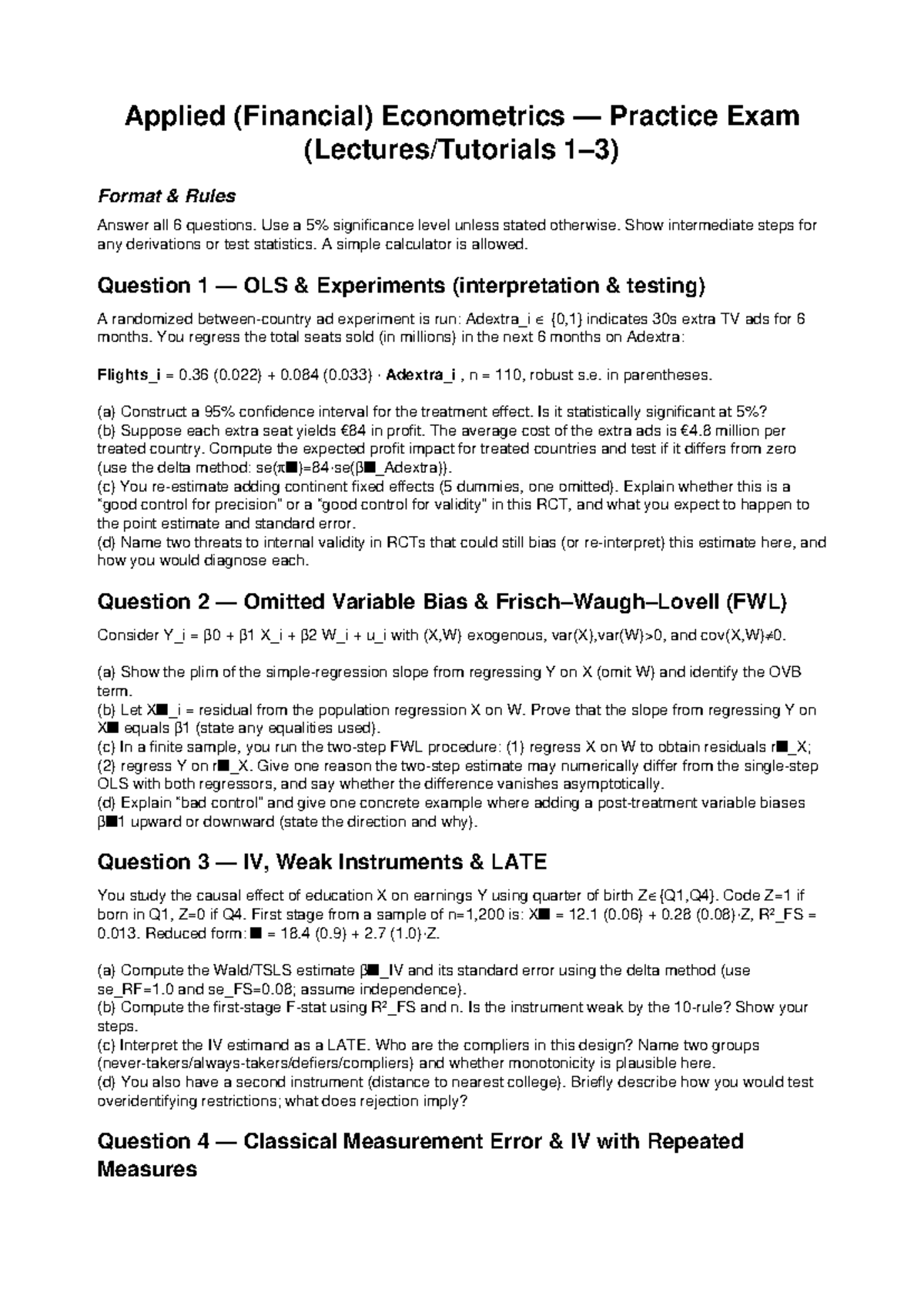 Applied (Financial) Econometrics Practice Exam Format & Guidelines ...