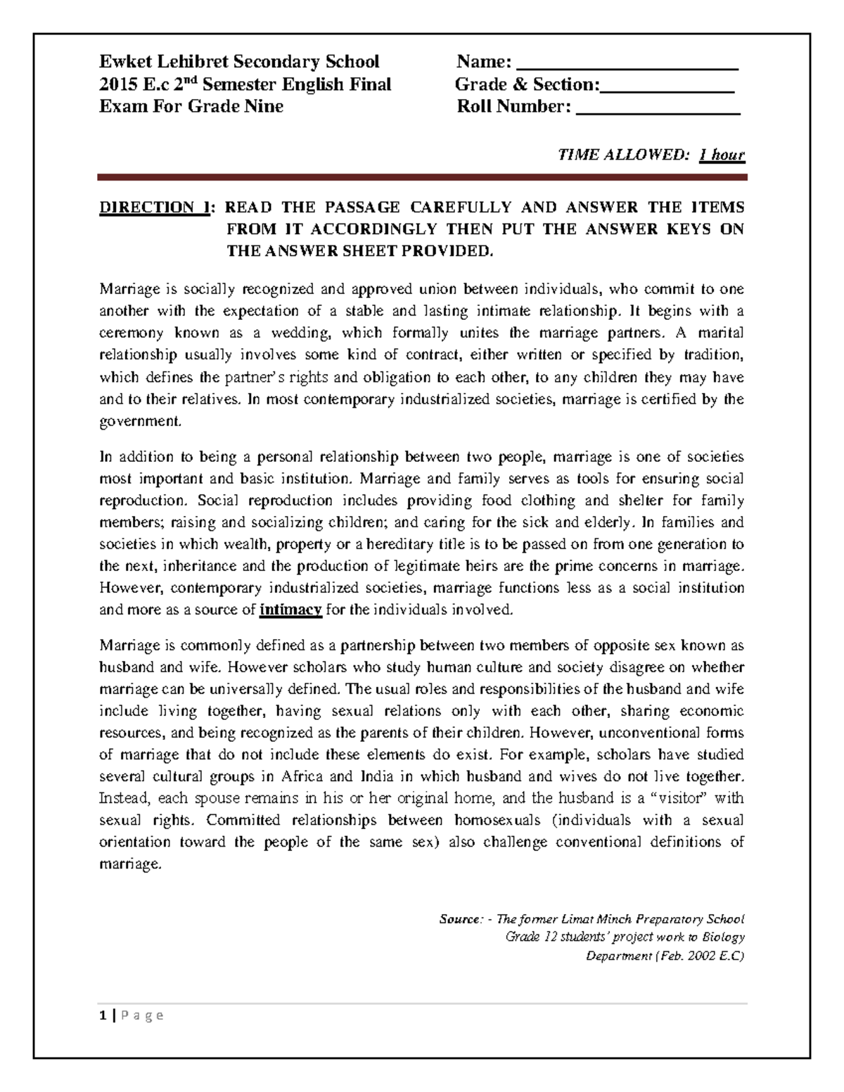 2015 E.C. 2nd Sem English Final Exam Questions & Answers - Studocu
