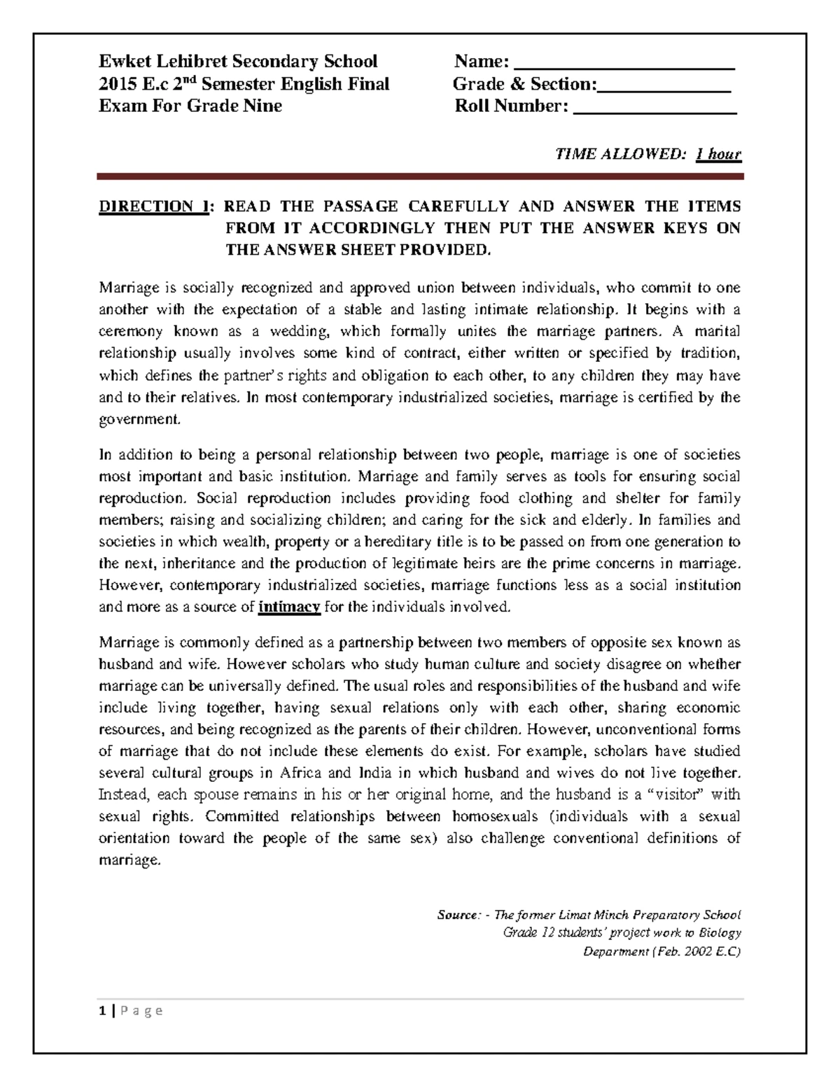 Grade 9 English Worksheet - Semester 1 (2015) - Studocu