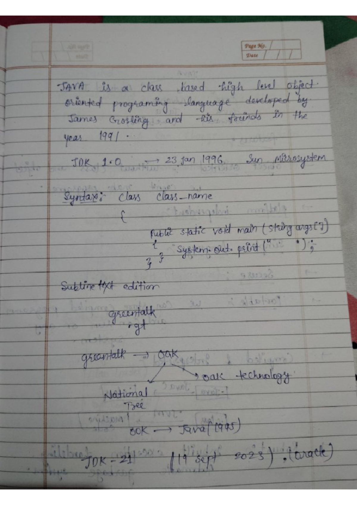 Java notes - Page No. Date JAVA is a class based high level object ...