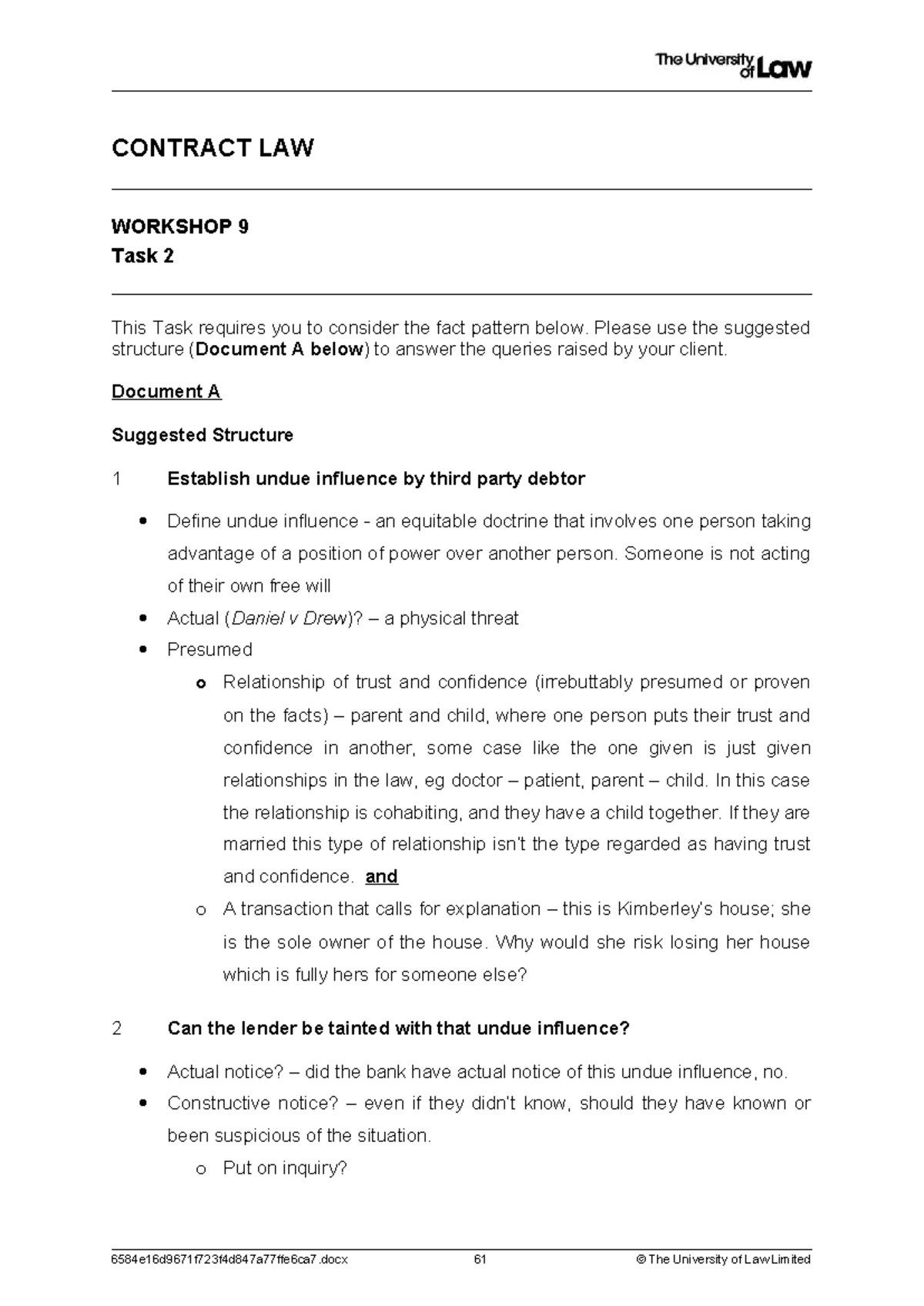 CONTRACT LAW U09 CE01 Workshop 9 Task 2: Undue Influence Analysis - Studocu