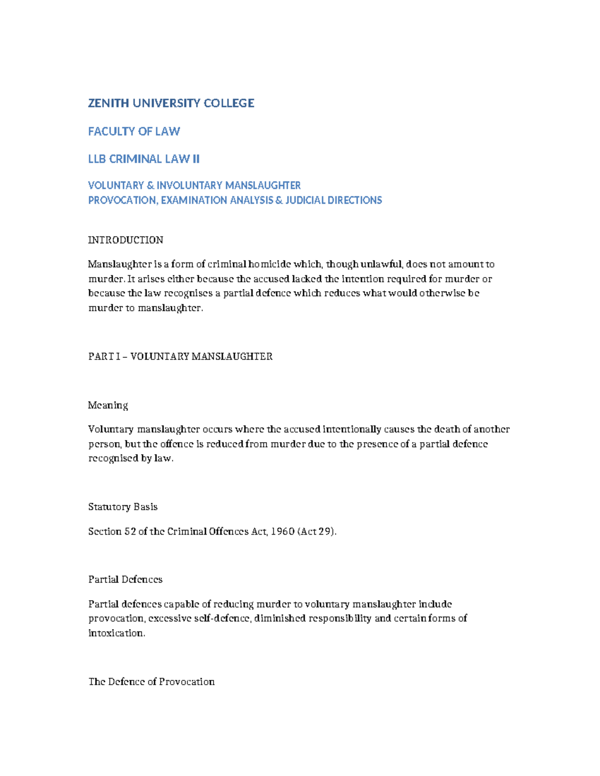 ZUC LLB Criminal Law II: Manslaughter Full Exam Notes - Studocu