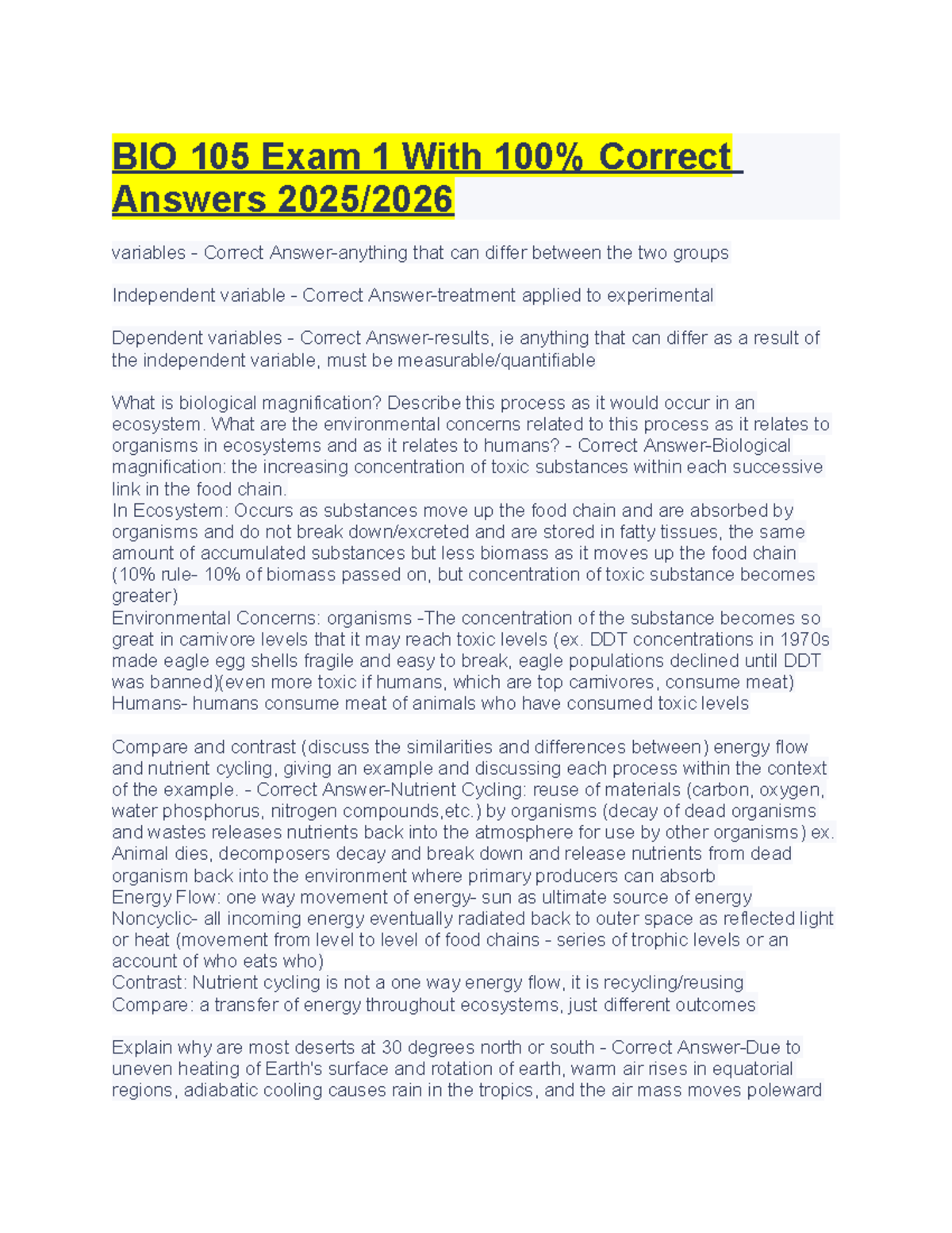 BIO 105 Exam 1 Study Guide: Key Concepts and Answers - Studocu