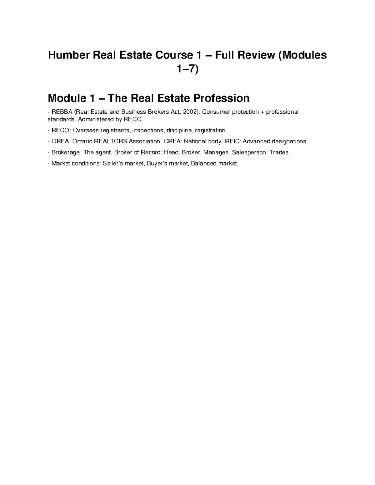 Humber REBBA Course 1 Full Review: Key Concepts & Exam Tips - Studocu