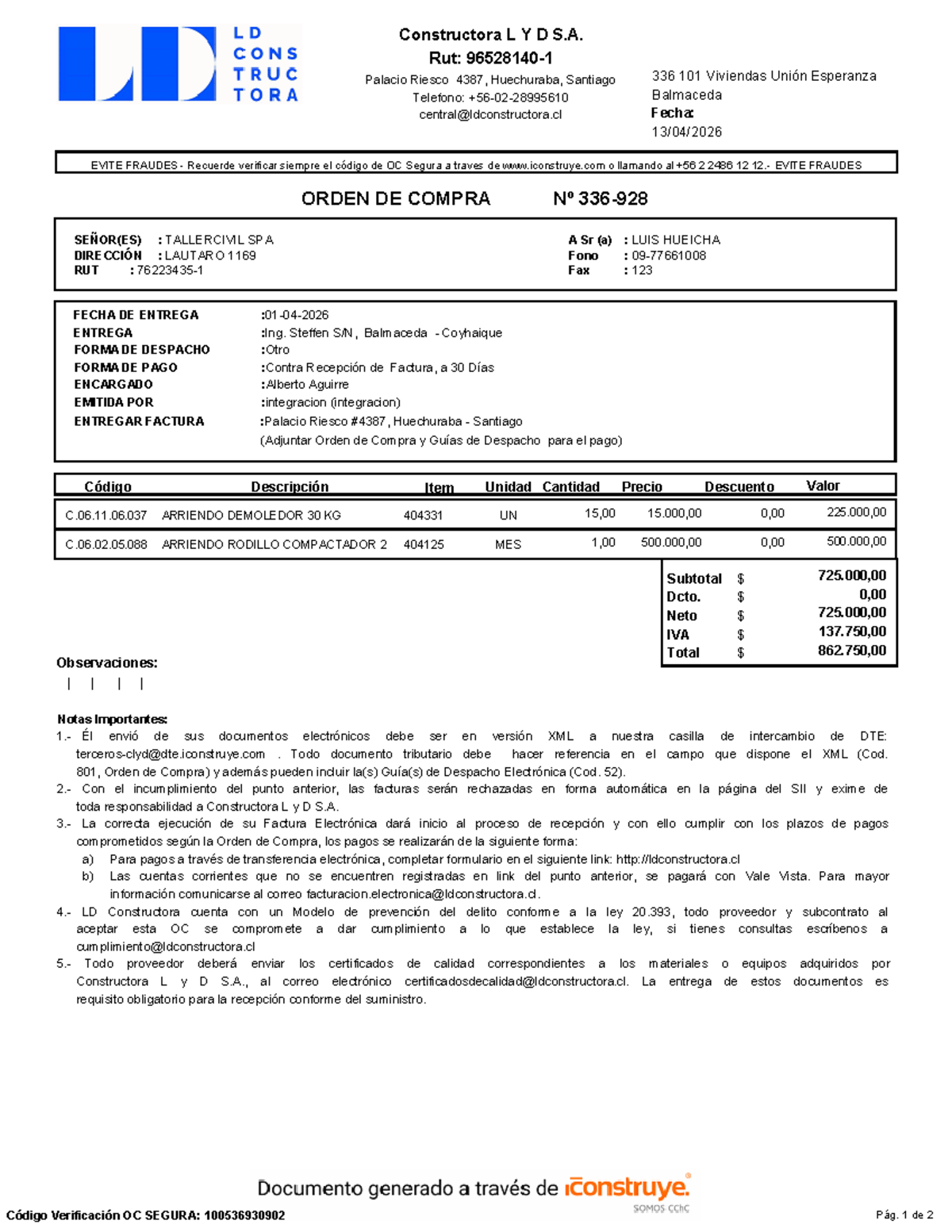Orden de Compra OC 336-928 para Taller Civil - Detalles y Requisitos ...