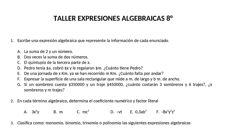 TALLER DE EXPRESIONES ALGEBRAICAS - Ejercicios y Clasificación - Studocu