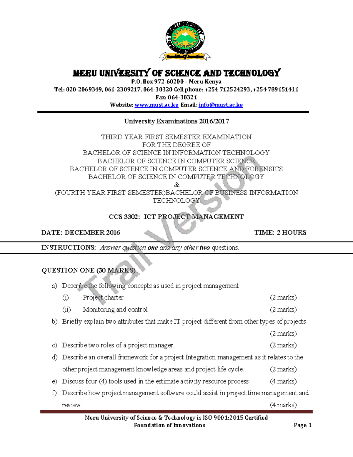 CCS 3302: Sample Paper - ICT Project Management Exam - Studocu