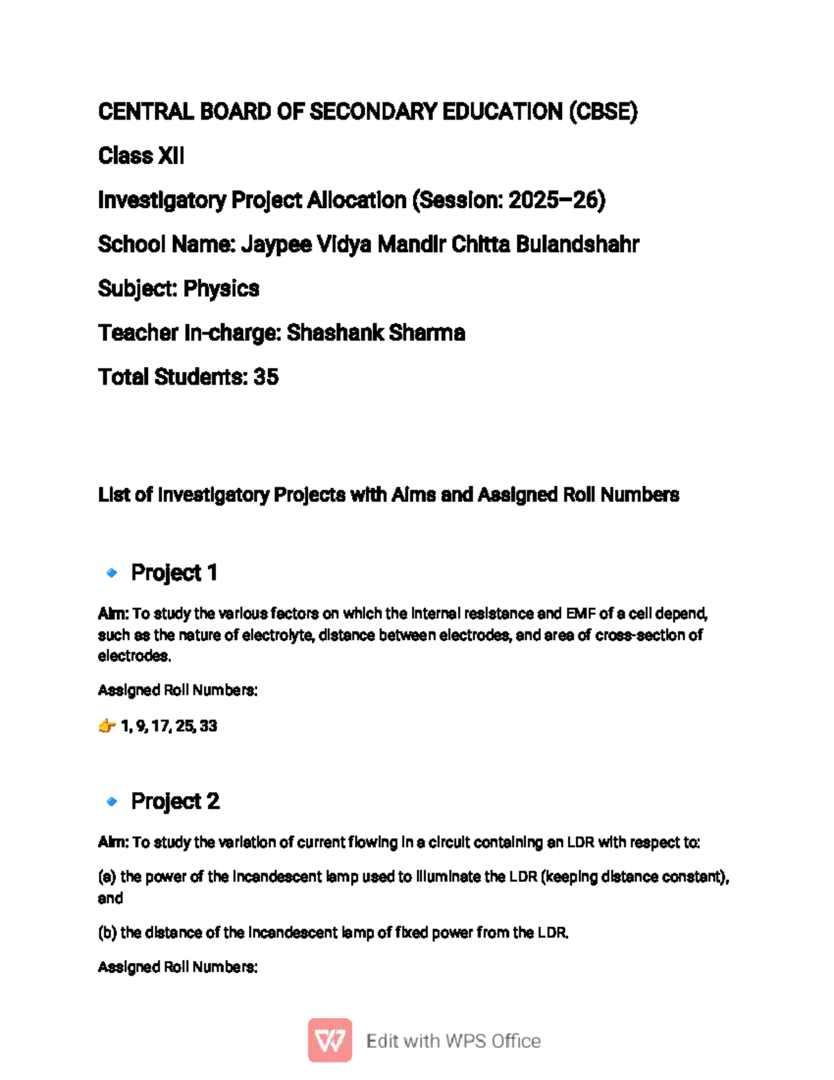 CBSE Class XII Physics Investigatory Project Allocation 2025-26 - Studocu