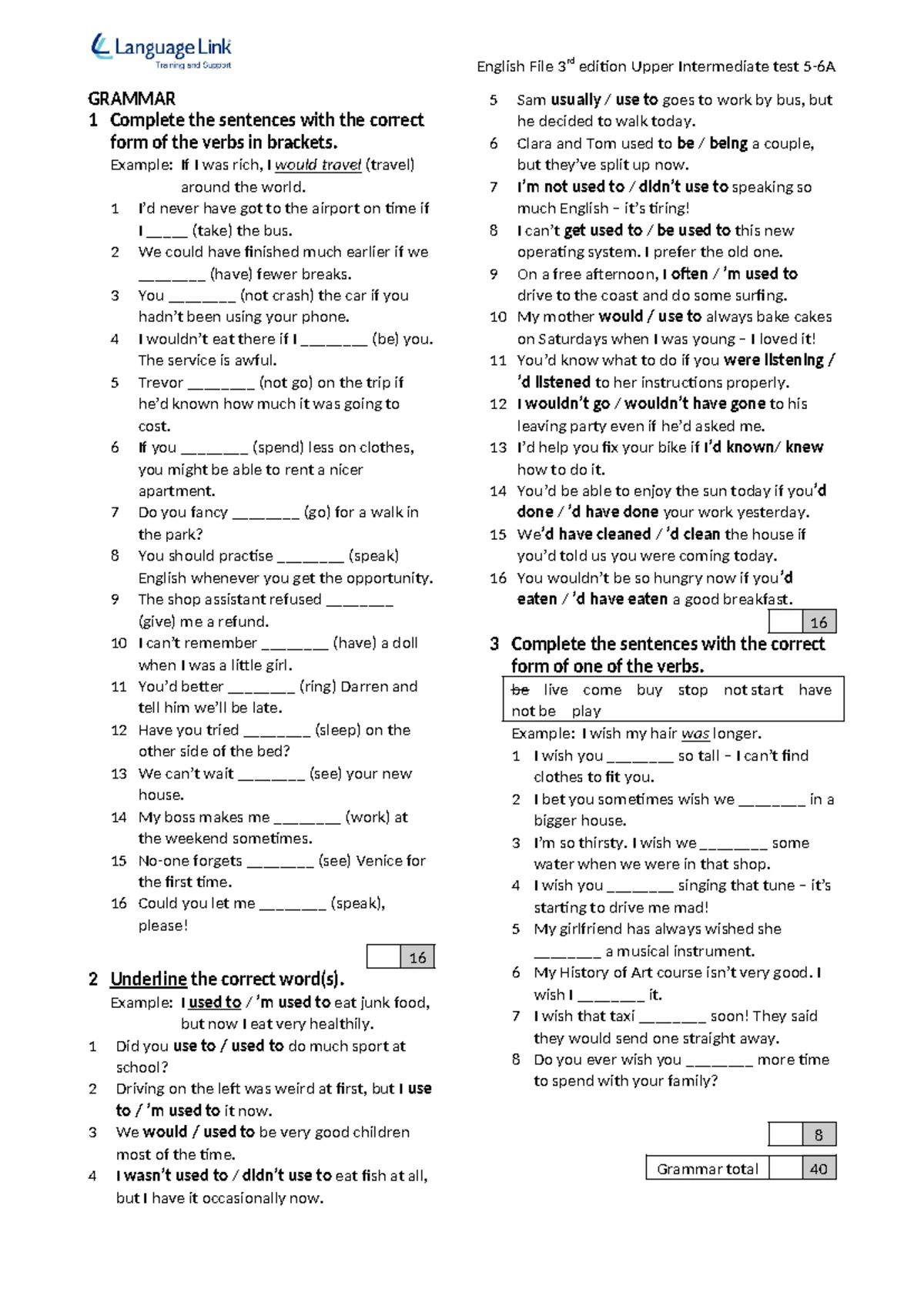 Upper Intermediate Test 7-8A: Grammar, Vocabulary, Listening & Writing ...