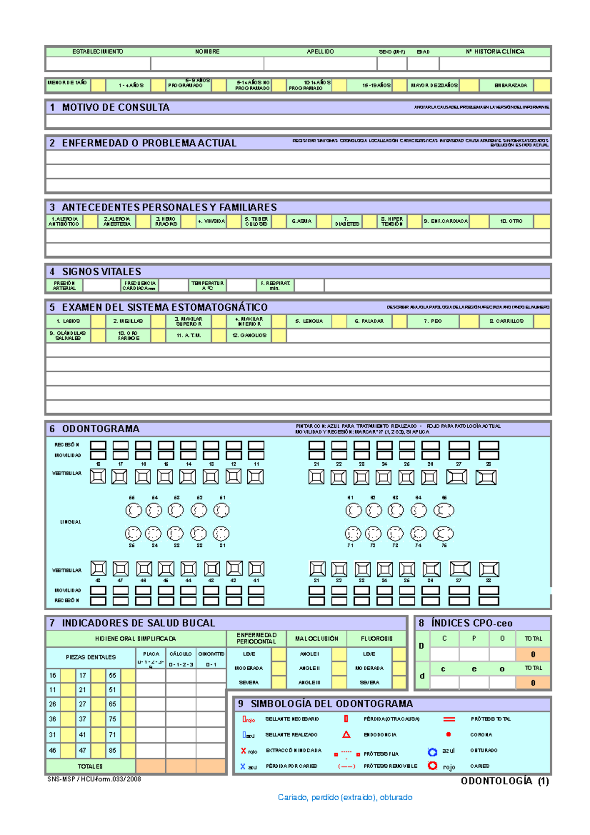 Historia Clínica - Odontología MSP 033: Examen y Evaluación - Document Preview