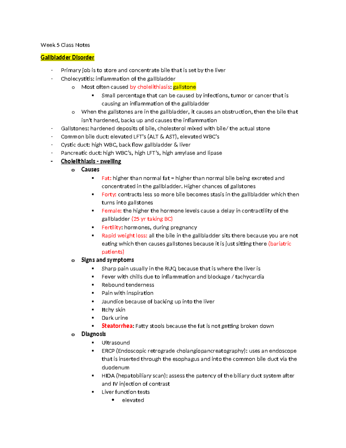 NUR 123 Week 5 Class Notes: Gallbladder Disorders and Joint Diseases ...