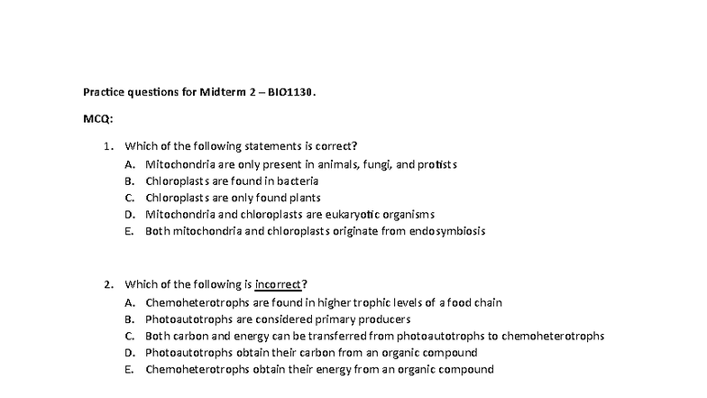 Midterm 2 Practice Questions for BIO1130: MCQs and Concepts - Studocu