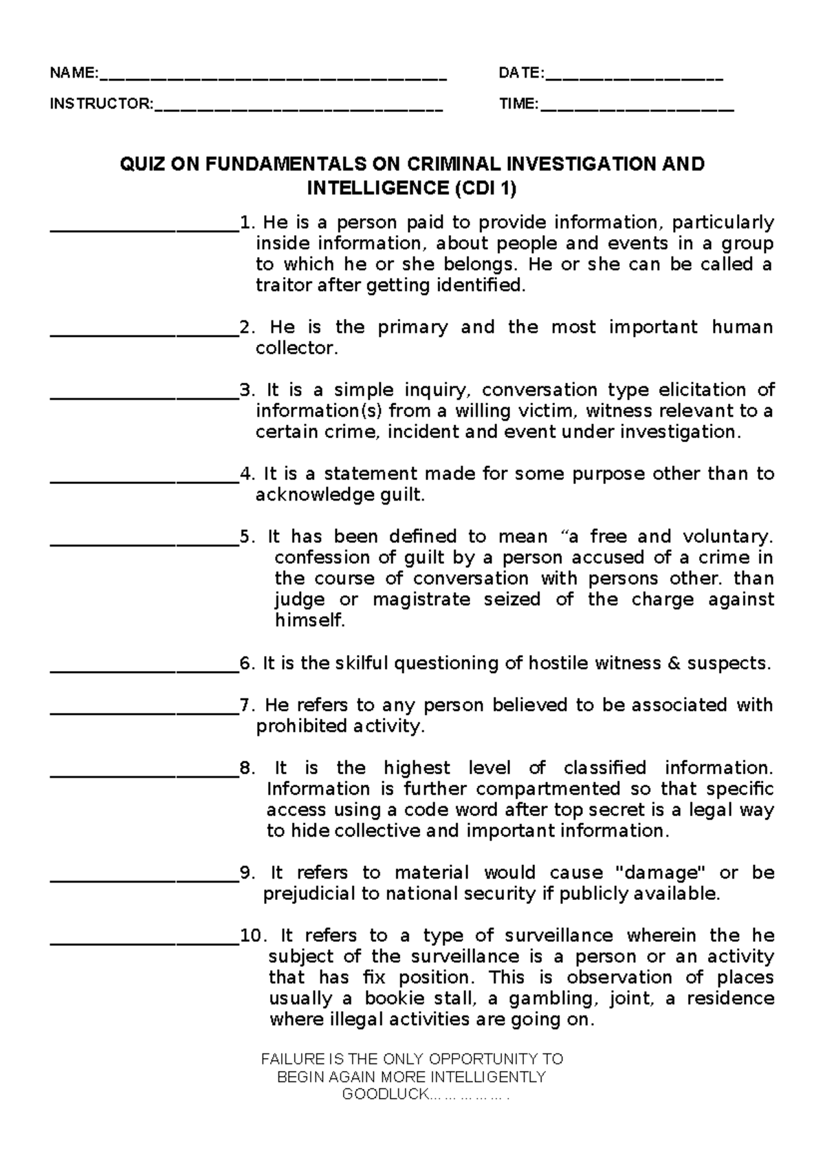 QUIZ ON CRIMINAL INVESTIGATION FUNDAMENTALS (CDI 1) - Studocu