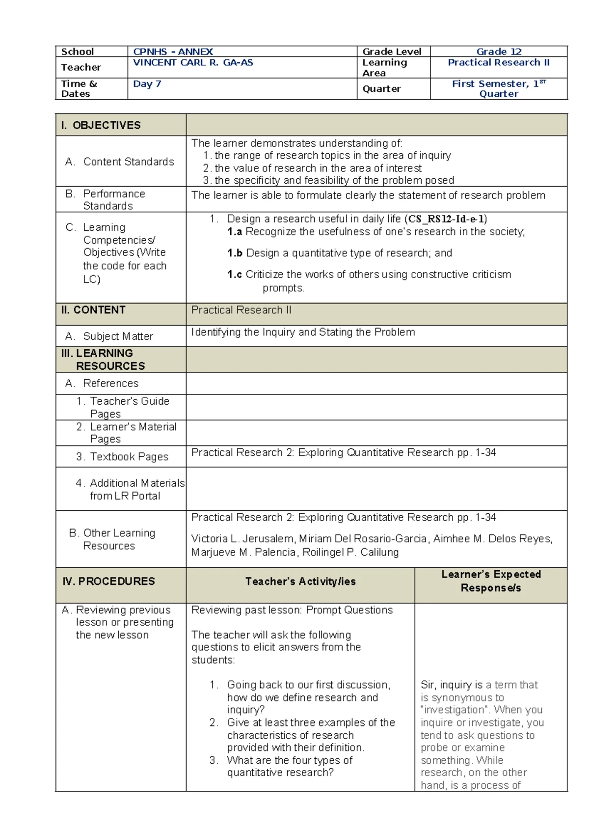 Practical Research II Lesson Plan: Characteristics of Quantitative ...