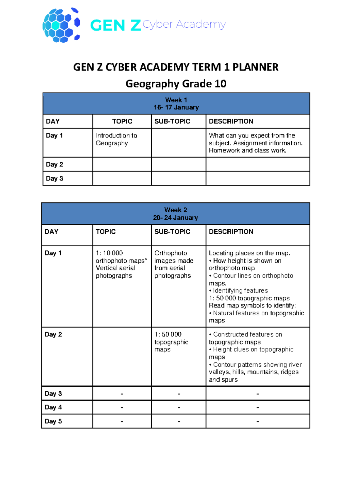 Geography Grade 10 Term 1 Planner 2025-2 - GEN Z CYBER ACADEMY TERM 1 PLANNER Geography Grade 10 ...