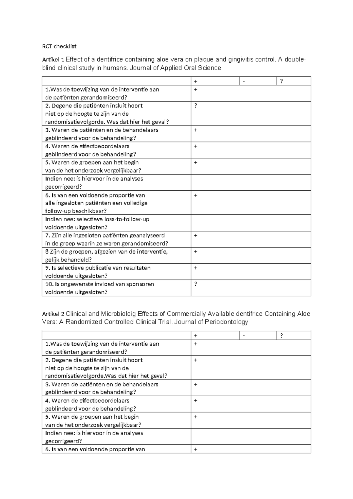 RCT checklist - betrouwbaarheid artikel - RCT checklist Artikel 1 ...