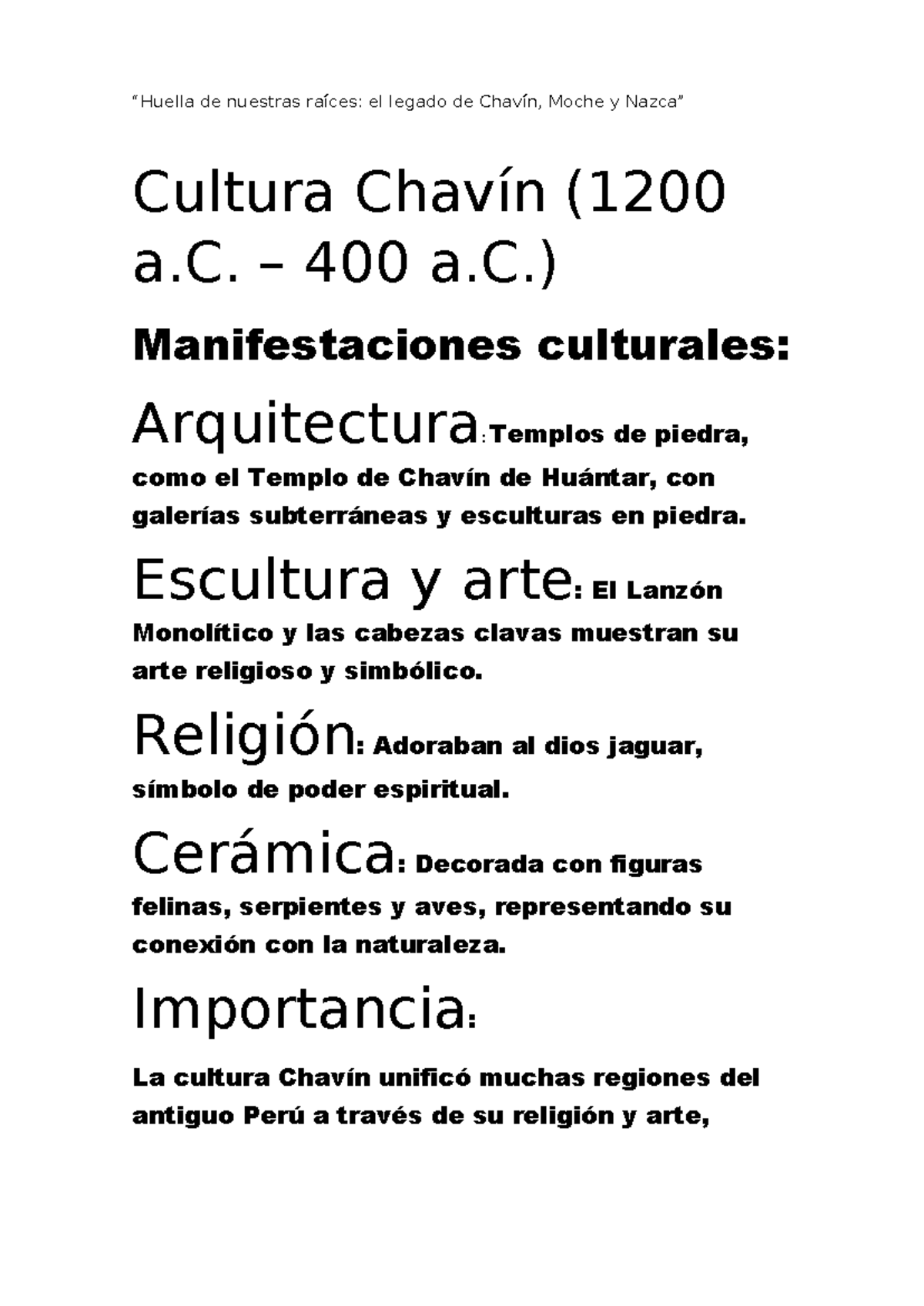 Cultura Chavín y Moche: Legado y Manifestaciones Culturales - Studocu