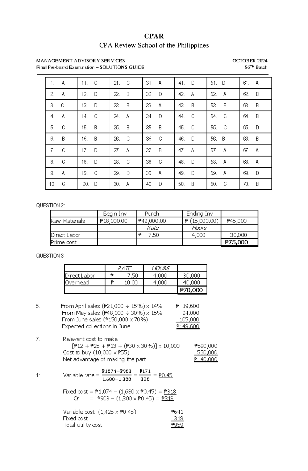 MAS Final Pre-board Exam B96 - Solutions Guide for October 2024 - Studocu