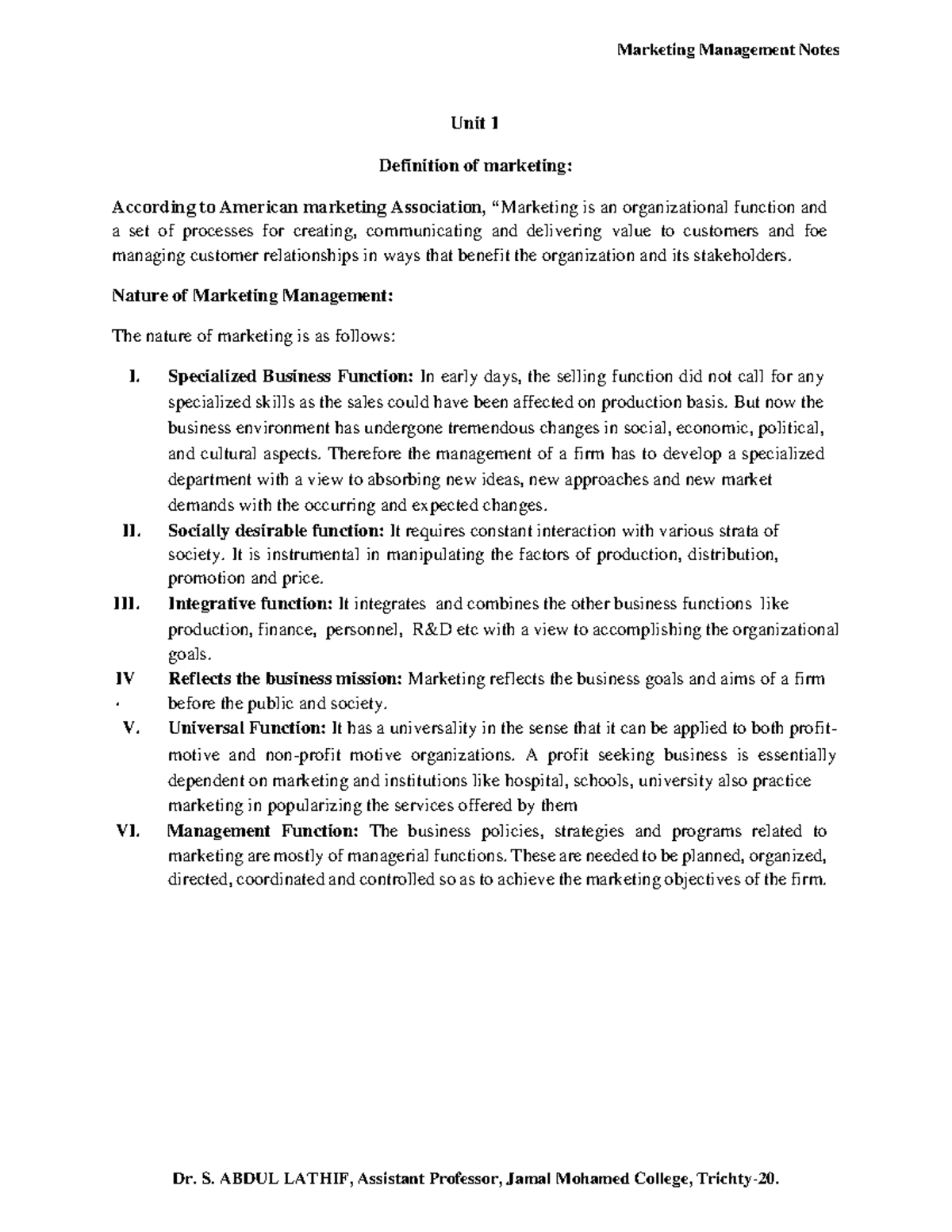 Marketing Management BBA Notes: Unit 1 Overview and Key Concepts - Studocu