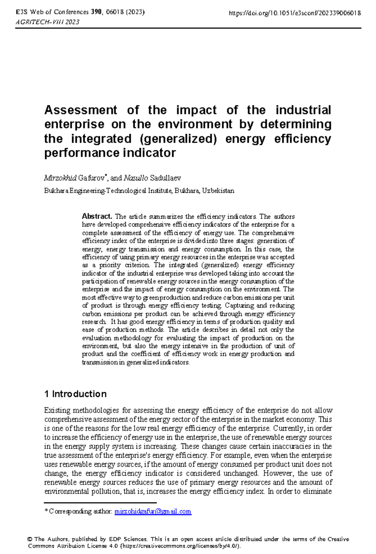 E3S Web of Conferences 390, 06018 (2023) - Energy Efficiency Assessment ...