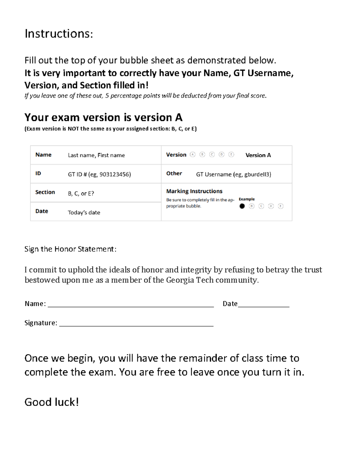 Exam 1 FA23-Version A - Practice exam - Instructions: Fill out the top ...