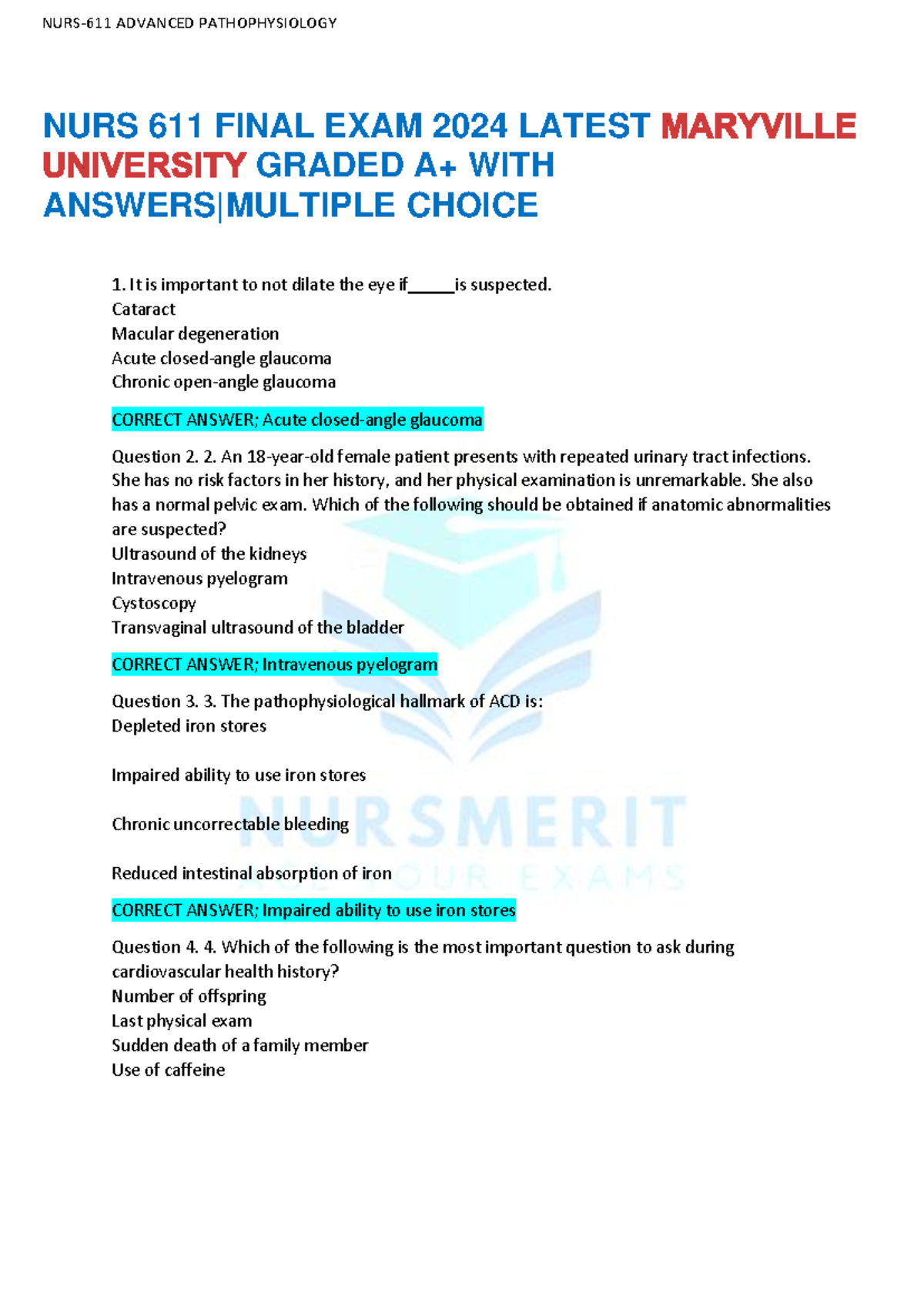 ADVANCED PATHOPHYSIOLOGY NURS 611 FINAL EXAM 2024 STUDY GUIDE - Studocu